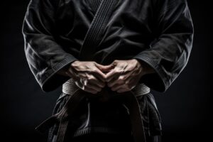 Martial Artists torso wearing black Gi. 